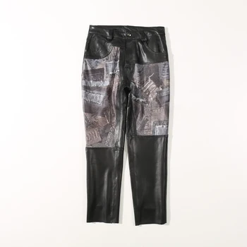 

2020 Autumn and Autumn New Leather Pants Women Long Section Denim Print Casual Slim Sheepskin Pants Leather Pants Women