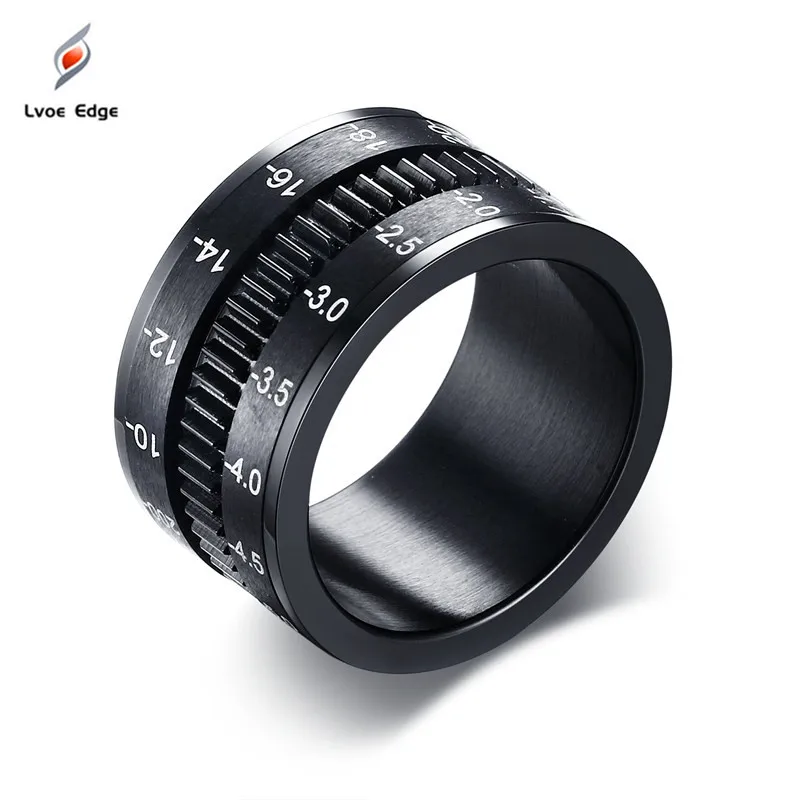 

2019new Men Ring Camera Rotation Black Unique 12mm Width Stainless Steel Central Spinner