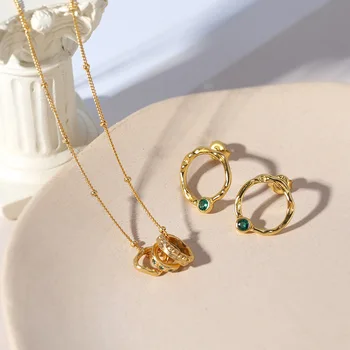 

Vintage Handmade Multi-Ring Necklace Earrings Set Interlocking Clavicle Chain