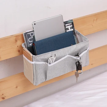 

Cotton Linen Bedside Storage Car Organizer Hanging Bag Dorm Rooms Sundries Multi Pockets Bunk Beds Side Pouch Magic Sticker