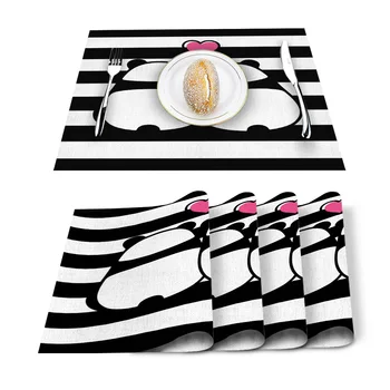 

Two Panda Black And White Stripes Placemat Washable Cotton Linen Table Cloth Pad Mat Rectangle Placemats Heat Resistant