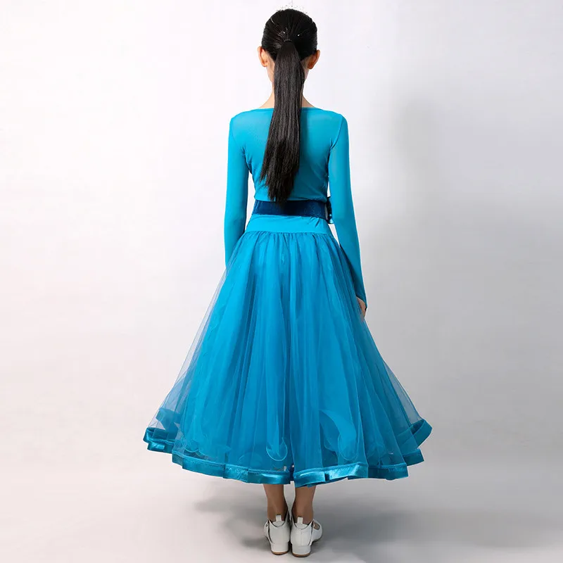Синий детский стандартный бальный зал танцевальное соревновательное платье для девочек с длинными рукавами для сцены платье-пачка для танцев Танго/Вальс
