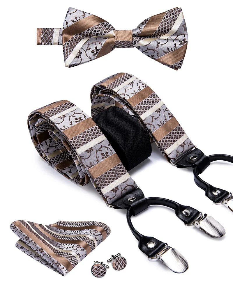 BD3019 Hi-Tie шелк для взрослых мужские подтяжки галстук бабочка Запонки Набор Кожа Металл 6 зажимы подтяжек Эластичные подтяжки для мужчин коралловый персик - Цвет: BD3019