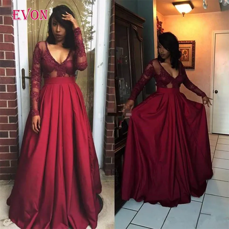 Vestidos De Fiesta Largos Elegantes De gala, сексуальные платья с глубоким v-образным вырезом и длинными рукавами, кружевные платья для выпускного вечера, изготовленные на заказ платья для выпускного вечера