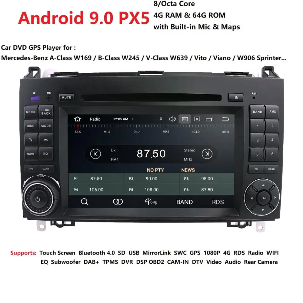 Hizpo PX5 4G Автомобильный мультимедийный плеер Android 9,0 2 Din gps Авторадио для Mercedes/Benz/W169 W245 W639 W906 Sprinter B160 B170 B200