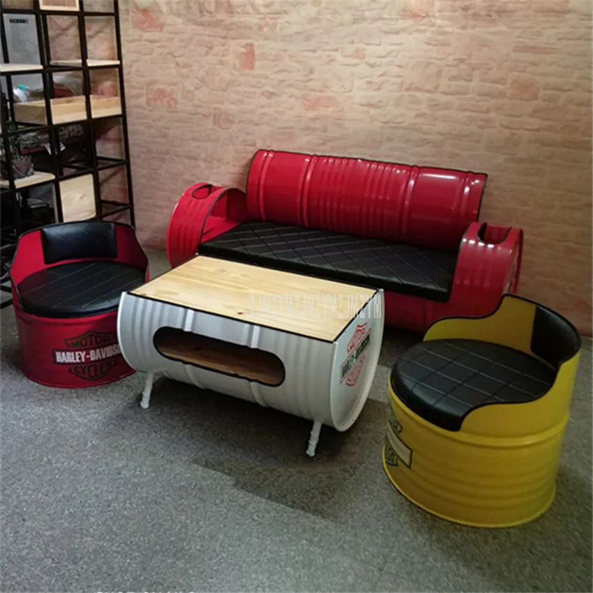 

Creative Oil Bucket Shape Combination Sofa Set + Stool + Tea Table PU Leather Iron Art Retro Sofa For Clothing Shop Coffee Bar