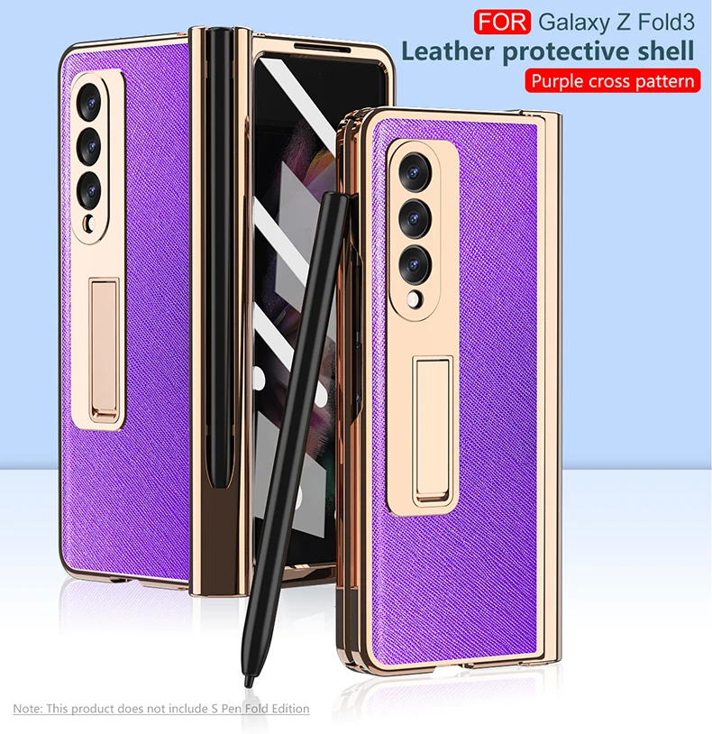 

Hinge Protector Leather Phone Case Pen Holder Front Film Armor Protective Cover for Samsung Galaxy Z Fold 3 5G Fold3 Stand Cover