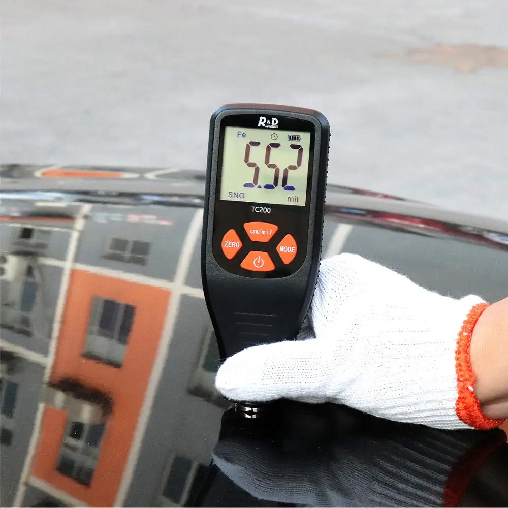 R& D TC200 толщиномер покрытия 0,1 микрон/0-1500 тестер толщины автомобильной краски для измерения FE/NFE русский ручной инструмент для краски