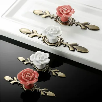 

8pcs Rose Ceramic Alloy Base Door Handles Kitchen Cupboard Closet Drawer Cabinet Knobs Ceramic Knob Furniture Accessories 1