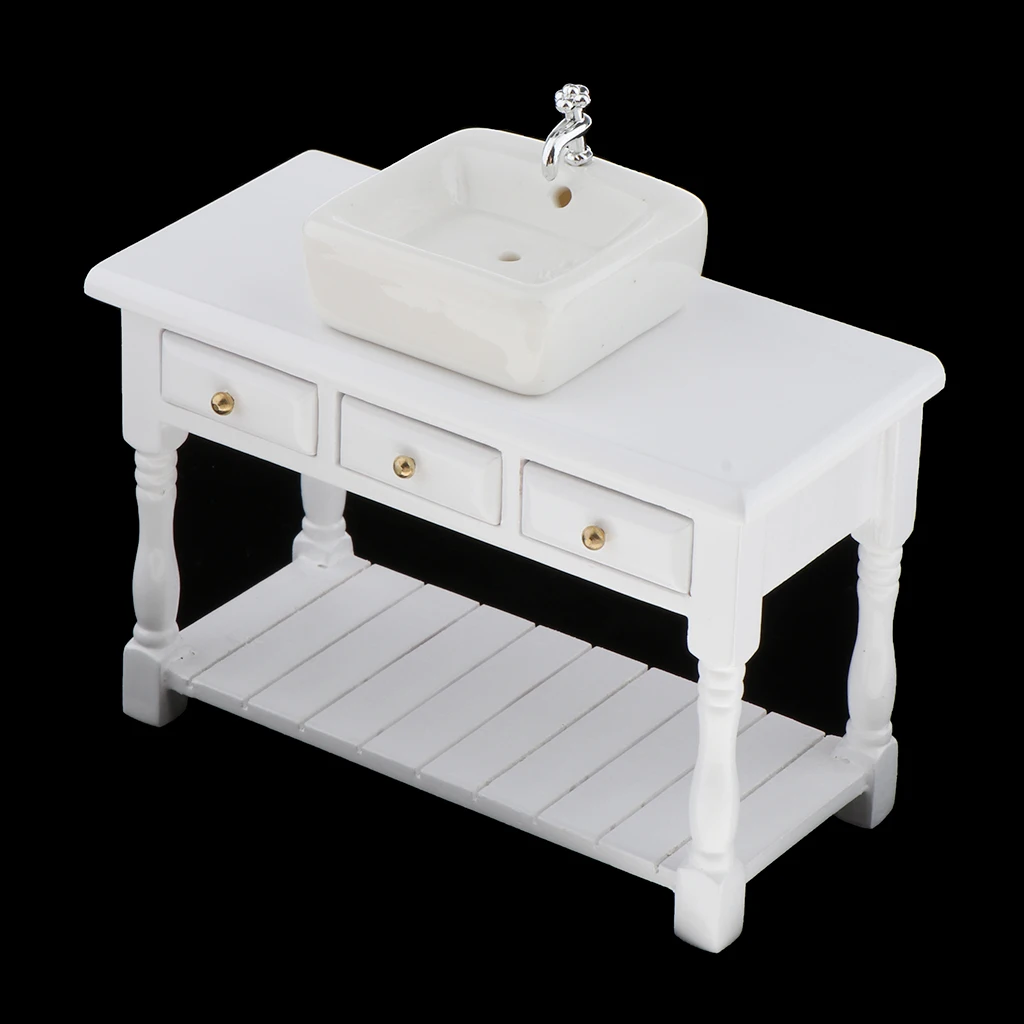 1:12 Mini Ceramic Wash Basin & Cabinet for Dollhouse Scenery Model Accessory