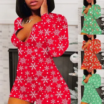 

2020 Christmas Sexy Women Long Sleeve Nightwear Shorts Jumpsuit Sleepwear Tracksuit Summer Onesie Pajama Onesie For Adults Women