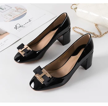 

2020 new women shoes round head heels black work shoes patent leather bow high heel shoes women spring wine red Ladies shoes