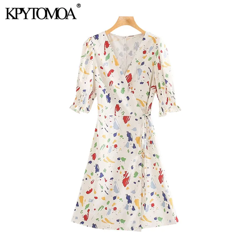 KPYTOMOA Women 2020 Chic Fashion Printed With Tied Wrap Mini Dress Vintage V Neck Puff Sleeve Female Dresses Vestidos Mujer KPYTOMOA Women 2020 Chic Fashion Printed With Tied Wrap Mini Dress Vintage V Neck Puff Sleeve Female Dresses Vestidos Mujer