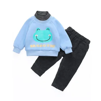 

Winter Toddler Cartoon Clothing Kids Tracksuit Baby Boy Girl High Neck And Velvet Sweater Pants 2Pcs/set Children sport Clothes