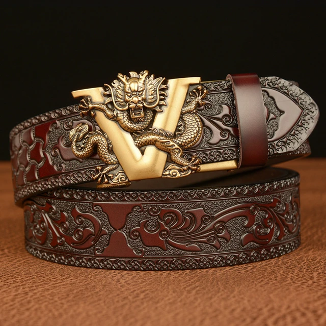 Genuine Leather Men Belt Designer Dragon V Buckle Cowboy Luxury Belts for  Men