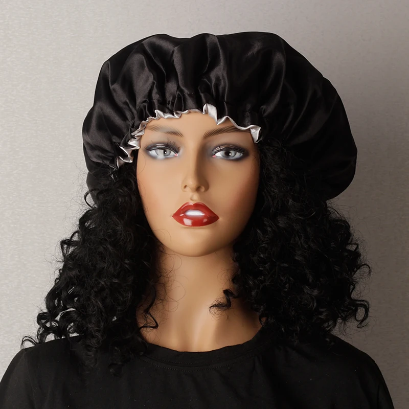 

Customized Logo bonnets 2 Layer Satin silk Women sleeping Bonnet Headband tie Caring Virgin hair Extentions Wig Hairs Sleep Caps
