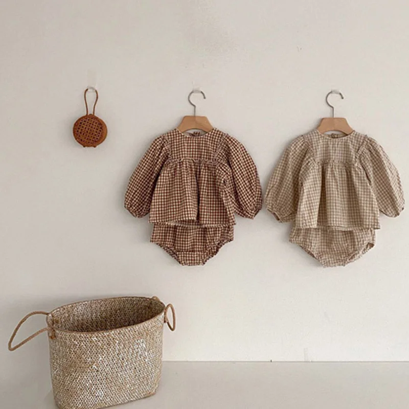 Baby Girls Suit 2022 Baby Girls Clothes Little Plaid Infant Girls Clothes Set Puff Sleeve Blouse + Bloomer 2pcs Toddler Clothes baby clothes mini set