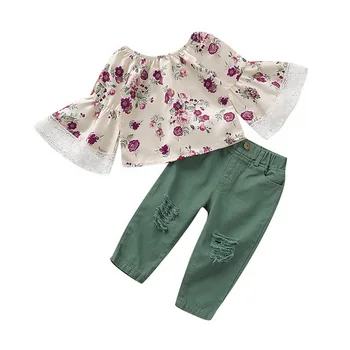 

Girls Clothes 2Pcs Set Floral Printed Flare Sleeve Tops And Hole Pant Autumn Casual Roupa Infantil Toddler Girl Clothe Set D30