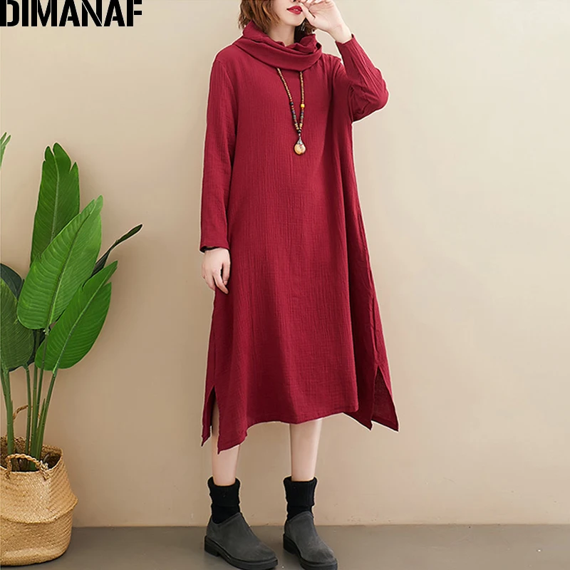 YSM1351-jiu DIMANAF женское платье большого размера, винтажное, с длинным рукавом, хлопок, лен, женское, элегантное, Vestidos, свободное, одноцветное, Осеннее, тонкое - Цвет: YSM1351-jiu