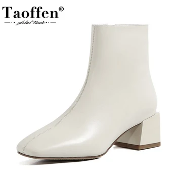 

TAOFFEN Women Ankle Boot Real Leather Zipper High Heel Winter Shoes Woman Square Toe Office Lady Short Boot Footwear Size 34-39