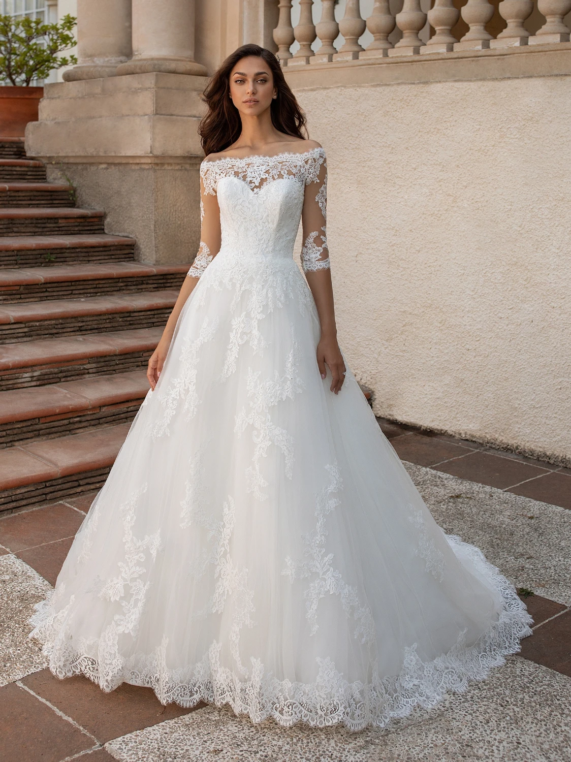 Vivian's Bridal Новое свадебное платье с кружевной аппликацией винтажное платье с открытыми плечами и полурукавом на пуговицах со шлейфом - Цвет: white