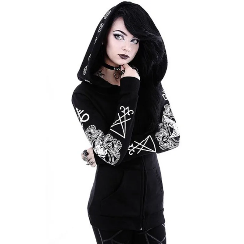 Женские готические толстовки, приталенное пальто с длинным рукавом, куртка с капюшоном, косплей, принт на молнии, крутые хип-рок, стимпанк, осень, женские топы