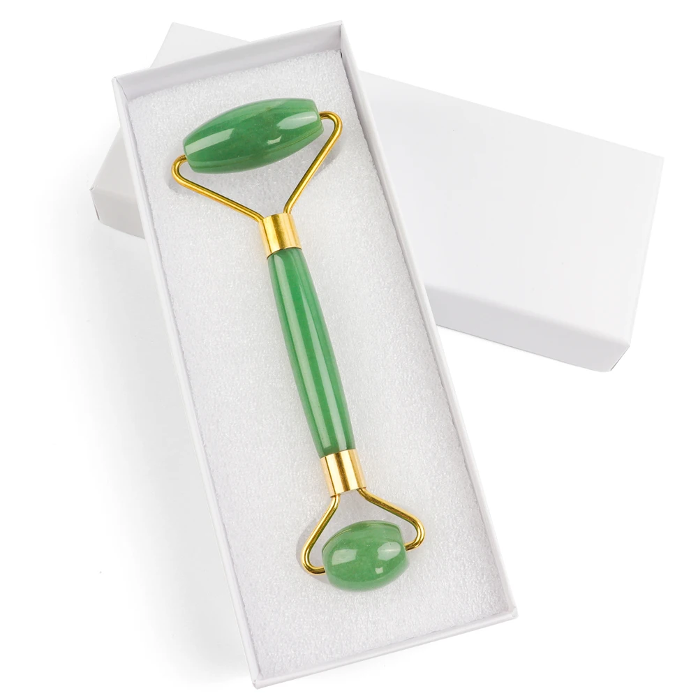 Green roller withbox Инструмент лифтинга лица Массажер Розовый кварц ролик для похудения натуральный нефрит массажный ролик для лица камень массаж кожи красота уход набор коробка - Цвет: Green roller withbox