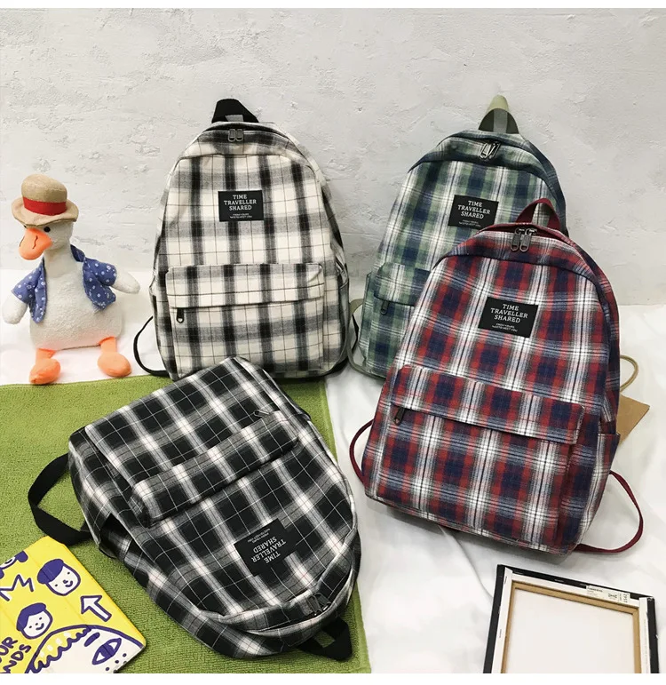 Fashion Plaid Canvas Women's Backpack Student Backpacks Teenage Girl School Bags Large Capacity Waterproof Travel Rucksack