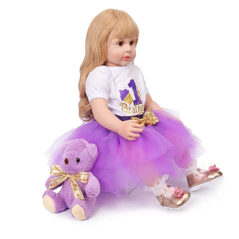 60 см принцесса с длинными золотыми волосами элегантная кукла новорожденная девочка мягкая виниловая фиолетовая ткань тела силиконовая девочка как ребенок Рождественский подарок