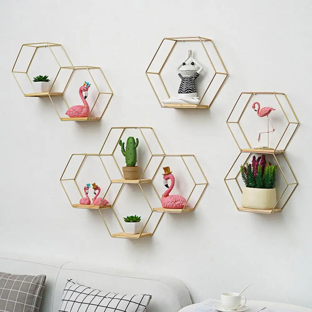 3 Sizes  Home Holder Iron Shelf Storage Holder Wall-mounted Multifunctional Nordic Style Geometric Firm Hexagonal Shelf for Home