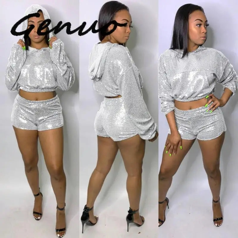 

Sexy Silver Sequin Two Piece Sets Women Glitter Crop Top Skinny Pants 2 Piece Sets Party Sparkly Matching Sets Hoodies Outfits