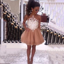 Новинка г.; платья для выпускного вечера из тюля цвета шампанского трапециевидной формы с глубоким декольте и аппликацией; короткие платья для выпускного бала с открытой спиной для выпускниц