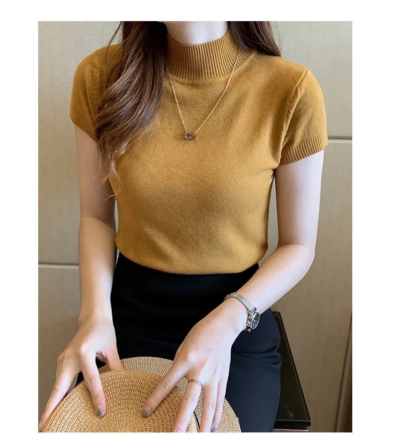 Half Turtleneck Summer Short Sleeve Korean Style Sweater Knitted Pullover Women Sweaters Basic Thin Tops Pull Femme Jumper 2022 brown sweater