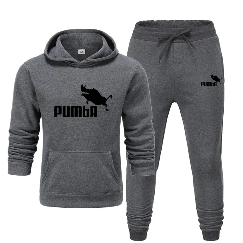 Новые модные мужские толстовки Пумба костюмы брендовый спортивный костюм для мужчин/женщин толстовки+ тренировочные брюки осень зима флис пуловер с капюшоном - Цвет: H-dark gray