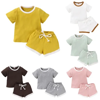

0-3Y Summer Infant Kids Girls Clothes Sets Fashion Boy Solid Short Sleeve T-shirt Tops Shorts 2pcs Outfits