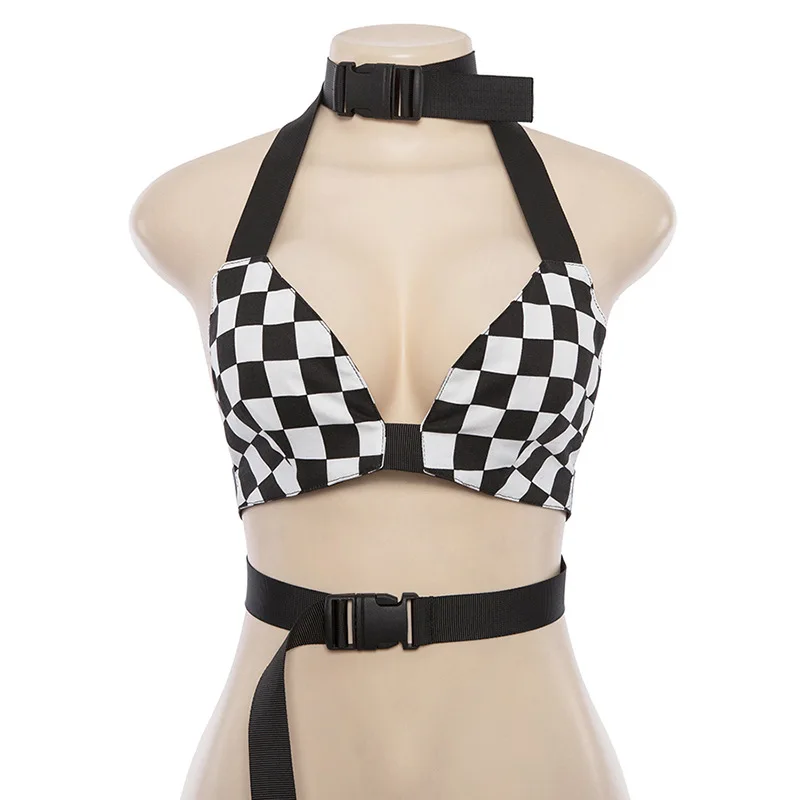 

Summer Women Black White Check Crop Top Sexy V-Neck Halter Adjustable Strap Buckle Bra Top Party Festival Bralet Tank Top