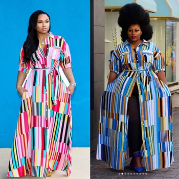 

Summer Women's Bohemian Style Striped Dress Turn-down Collar Half Sleeve Printting Plus Size Dress with Pockets and Lace Up