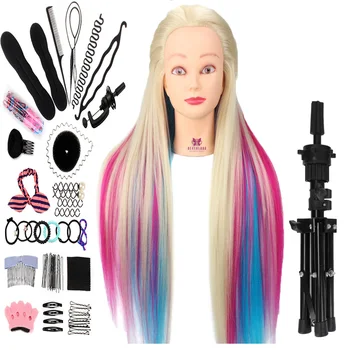 

29Inch Synthetic Hair Mannequin Head For Hairstyles Hairdressing Training Head Dummy Doll Clamp Accessories With Tripod Stand