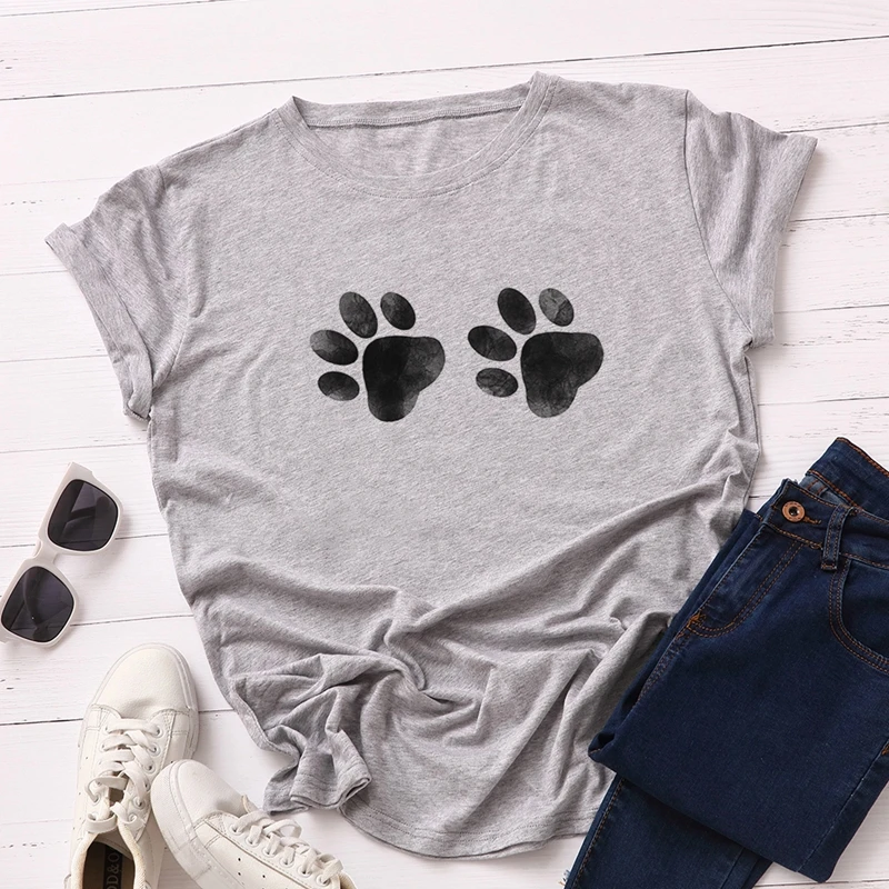 Women Cotton Plus Size T-shirt Graphic Tee Summer Tops Short Sleeve Top Tees Funny Cute Dog Paw Print T Shirts Female Shirt - Цвет: Light Gray