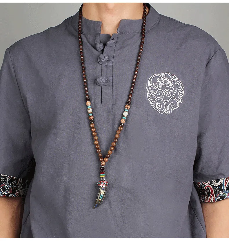 Ручной работы ювелирные изделия в непальском стиле буддизма Мала деревянные бусины этнический Племенной медальон с цифрами и рожками на капюшоне; одежда комплект винтажного изделия для Для женщин Для мужчин