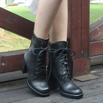 

Xiangban Women High Heels Martins Boots Genuine Leather Women Boots Ankle Lace-Up Combat Boots Black 8CM Heel