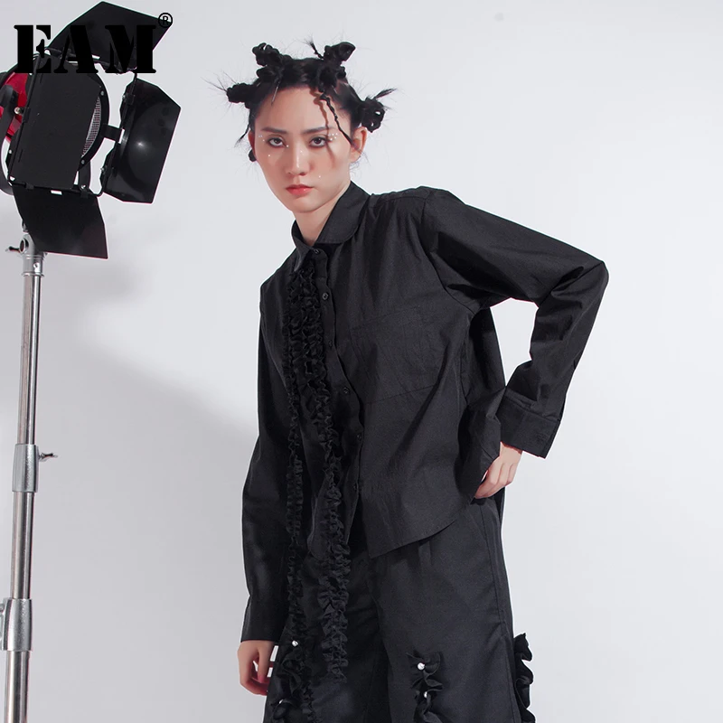 [Eam] Vrouwen Zwarte Ruches Split Big Size Blouse Nieuwe Revers Lange Mouwen Loose Fit Shirt Mode Tij Lente herfst 2020 1N708