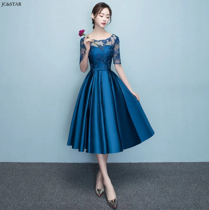 Синий Vestido madrinha Новое Кружевное атласное платье подружки невесты с круглым вырезом и рукавом до локтя, темно-синее платье подружки невесты, платье длиной до середины икры demoiseur d'honneur - Цвет: Синий