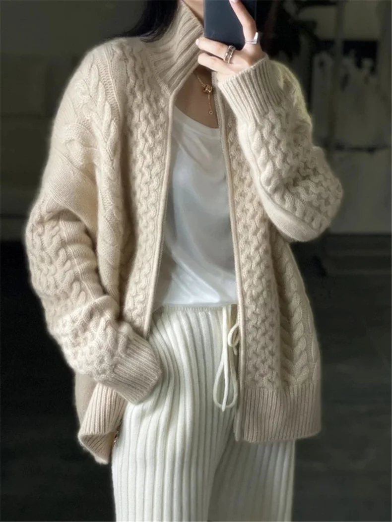 Autumn and winter new thick turtleneck cashmere knitted cardigan women's loose wool sweater cardigan Plus Size Female Jacket top green cardigan