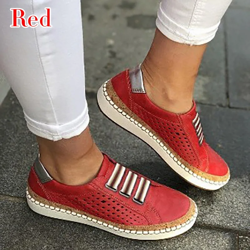 1-red MoneRffi Sneakers Women Vulcanize Shoes Casual Breathable Shoes Female Soft Leather Flats Ladies Sneakers - Цвет: 1-red