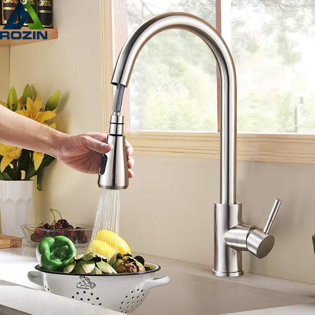 Rozin Brushed Nickel Kitchen Faucet Single Hole Pull Out Spout Kitchen Sink Mixer Tap Stream Sprayer Rozin Brushed Nickel Kitchen Faucet Single Hole Pull Out Spout Kitchen Sink Mixer Tap Stream Sprayer Head Chrome/Black Mixer Tap