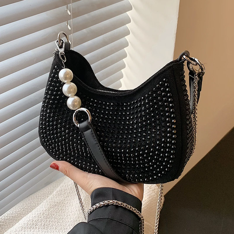 2022 Half Moon Underarm Bag Summer New High-quality PU Leather Women's Designer Handbag Diamond Chain Shoulder Messenger Bag