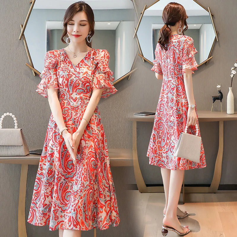 

Chiffon Dress Women Knee Length V-Neck Print Dresses Sweet Butterfly Sleeeve Slim Casual Drawstring Women Dress Appliques