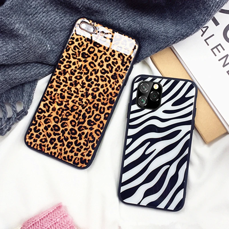 

Tempered Glass Case For iPhone 11 Pro Max Luxury zebra Leopard Print Hard Cover For iPhone 11 Pro xr xs Max 6 6S 7 8 Plus Casing