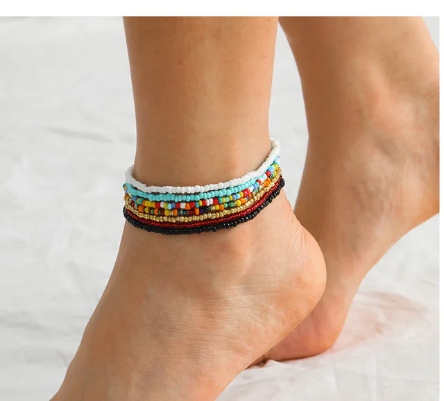 Stretch Beaded Anklet Set Colorful Mini Rice Beads Boho - Temu